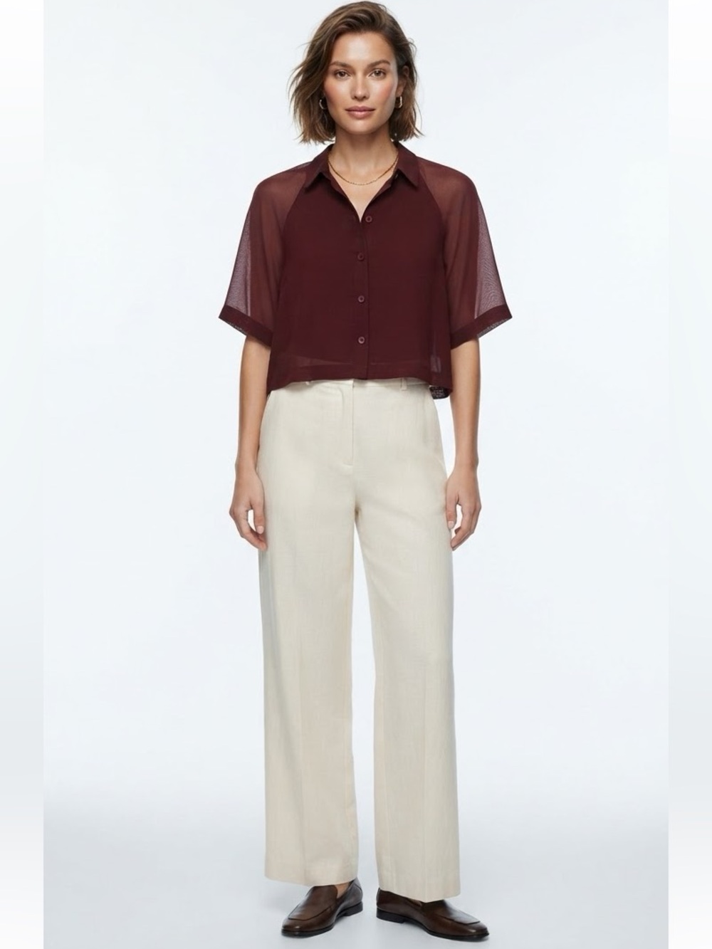 Aritzia Wilfred Burgundy Sheer Short-Sleeve Button Front Top Size Medium